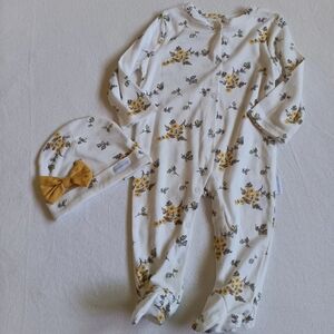 Shabby Chic White and Yellow Floral Print Footies With Matching Hat